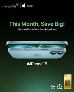 Apple Iphone 16 - 256Gb Storage Black Colour - Official Store Pta Approved With 2years official warranty and Care+  and Free 20W Charger  - On Easy Installment by Official Apple Store